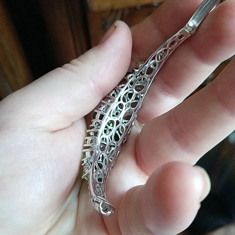 Green and clear gemstone sterling silver 925 bracelet hinged bangle - Picture 5 of 12